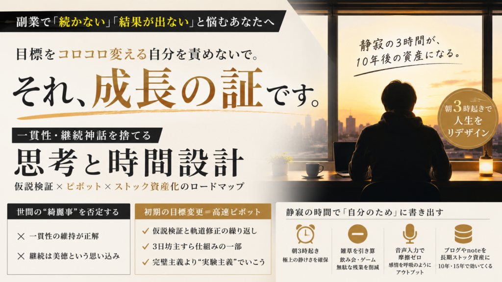 夜明け前のブルーモーメントの澄んだ青い光が差し込むシンプルな書斎。デスクの上には消灯したスマートフォン、万年筆、数行の手書きメモが残された開かれたノート、マグカップ。