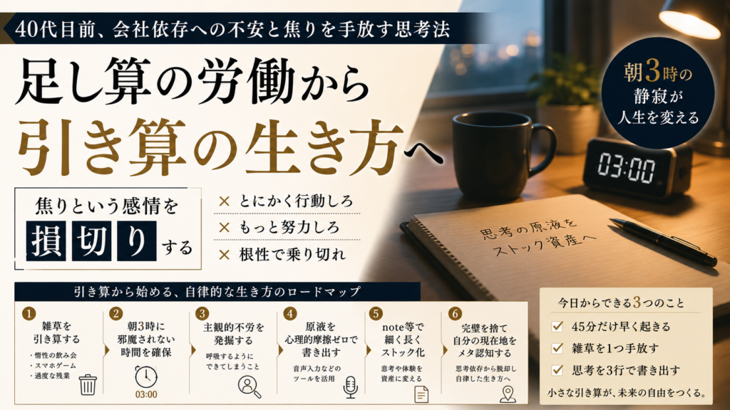 夜明け前のブルーモーメントの澄んだ青い光が差し込むシンプルな書斎。デスクの上には消灯したスマートフォン、万年筆、数行の手書きメモが残された開かれたノート、マグカップ。