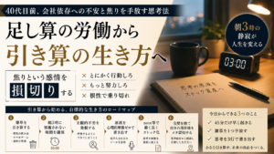 夜明け前のブルーモーメントの澄んだ青い光が差し込むシンプルな書斎。デスクの上には消灯したスマートフォン、万年筆、数行の手書きメモが残された開かれたノート、マグカップ。
