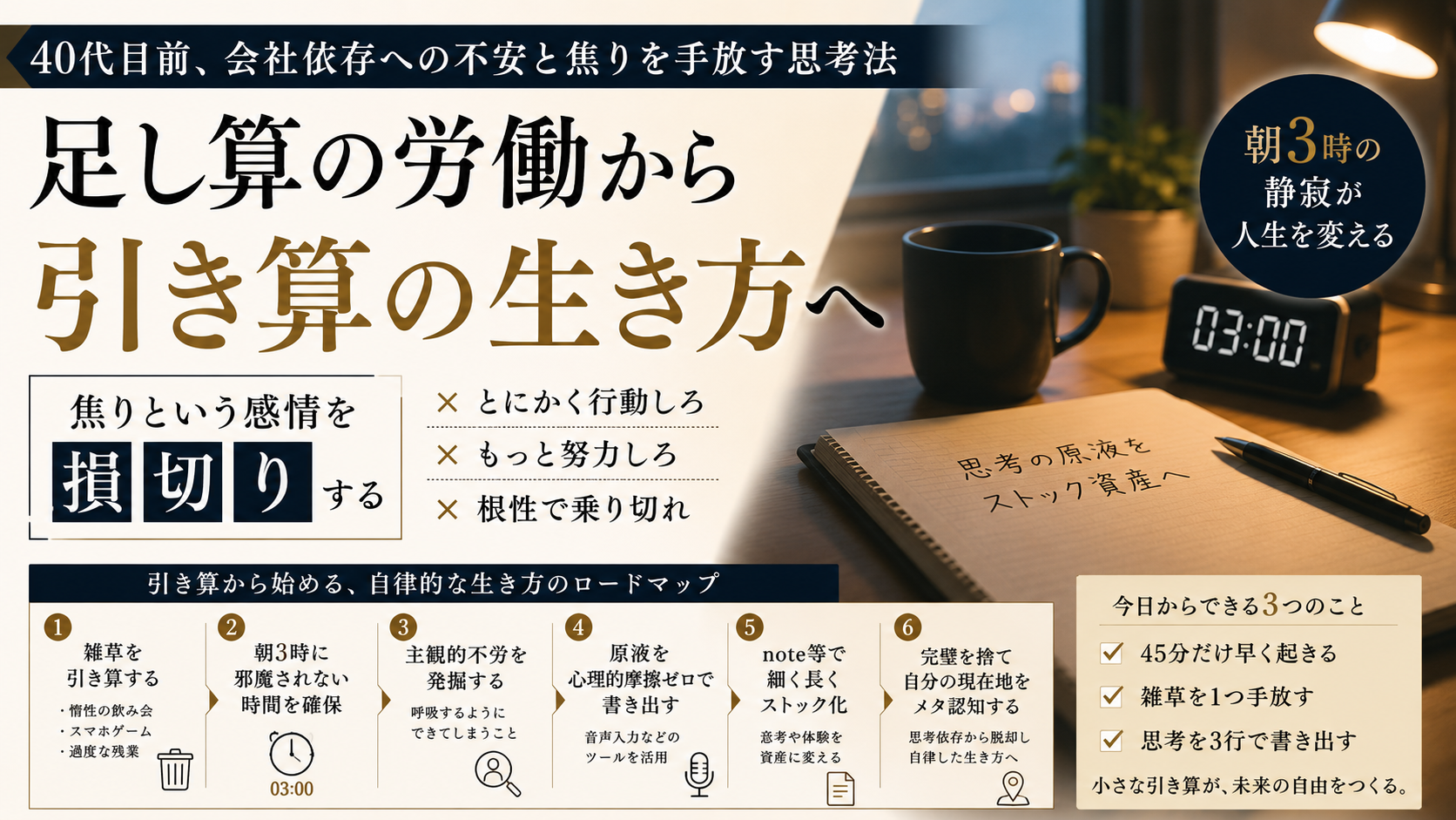 夜明け前のブルーモーメントの澄んだ青い光が差し込むシンプルな書斎。デスクの上には消灯したスマートフォン、万年筆、数行の手書きメモが残された開かれたノート、マグカップ。