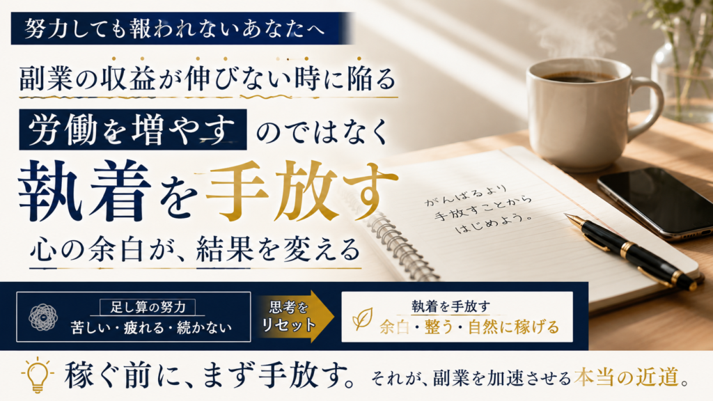 朝の穏やかな光が差し込むミニマルな木製デスク。手書きのメモが数行残された開かれたノート、黒い万年筆、そして温かい湯気がかすかに立ち上る陶器のマグカップが綺麗に並んでいる。