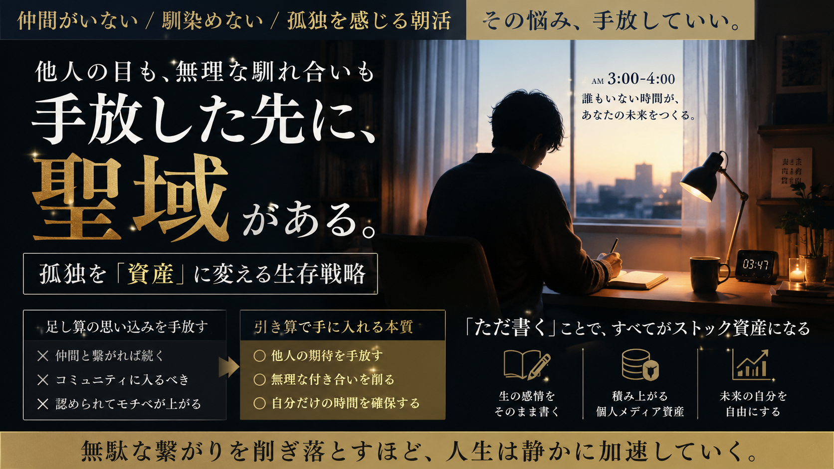 夜明け前の深く澄んだブルーモーメントの静かな青い光が差し込むミニマルな書斎。木製デスクの上に、画面が完全に消灯したスマートフォン、数行の手書きメモが残された開かれたノート、上質な万年筆、うっすらと暖かい湯気が立ち上る陶器のマグカップが綺麗に並んでいる。