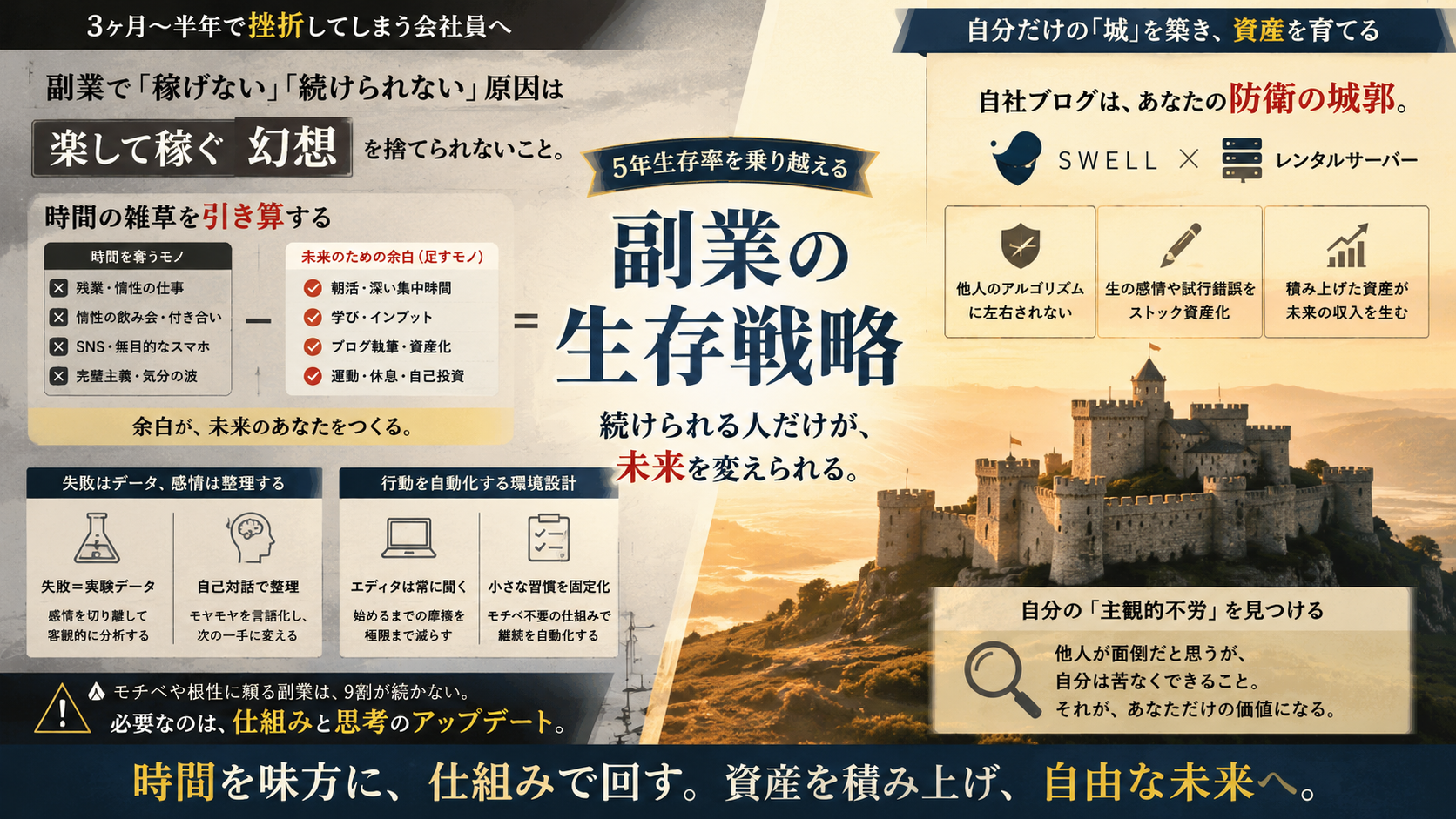 朝の薄明かりが差し込むミニマルな書斎。デスクの上に、画面が消灯したスマートフォン、数行の手書きメモが残されたノート、万年筆、湯気がうっすらと立ち上るマグカップが綺麗に並んでいる。