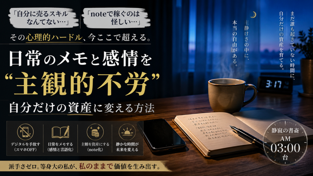 朝3時の澄んだブルーモーメントの静かな青い光が窓から差し込むミニマルな書斎。木製デスクの上に、スマートフォンの画面が消灯した状態で静かに横たわり、手書きメモの残された開かれたシンプルなノート、上質な万年筆、うっすらと暖かい湯気が立ち上る陶器のマグカップが並んでいる。