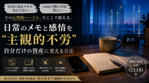 朝3時の澄んだブルーモーメントの静かな青い光が窓から差し込むミニマルな書斎。木製デスクの上に、スマートフォンの画面が消灯した状態で静かに横たわり、手書きメモの残された開かれたシンプルなノート、上質な万年筆、うっすらと暖かい湯気が立ち上る陶器のマグカップが並んでいる。