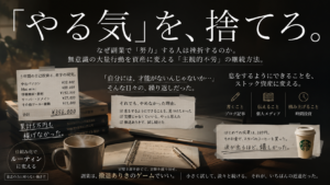 夜明け前の深く澄んだブルーモーメントの静寂の中、デスクの上に画面が消灯したスマートフォン、数行の手書きメモが残された開かれたシンプルなノート、整理された万年筆、そして暖かな湯気がかすかに立ち上る陶器のマグカップがミニマルに配置されているクローズアップ写真（顔は映っていない）。