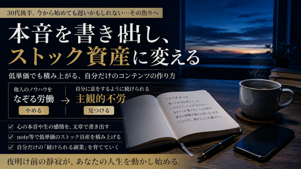 薄暗い夜明け前の静けさの中、窓から微かに差し込むブルーの光に照らされたシンプルな木製デスク。そこには一冊の開かれたノートと、画面が消灯したスマートフォン、そしてかすかに湯気が立つマグカップが置かれているクローズアップ写真。人物の姿はなく、静寂と知的な集中力が漂う美しい構図。