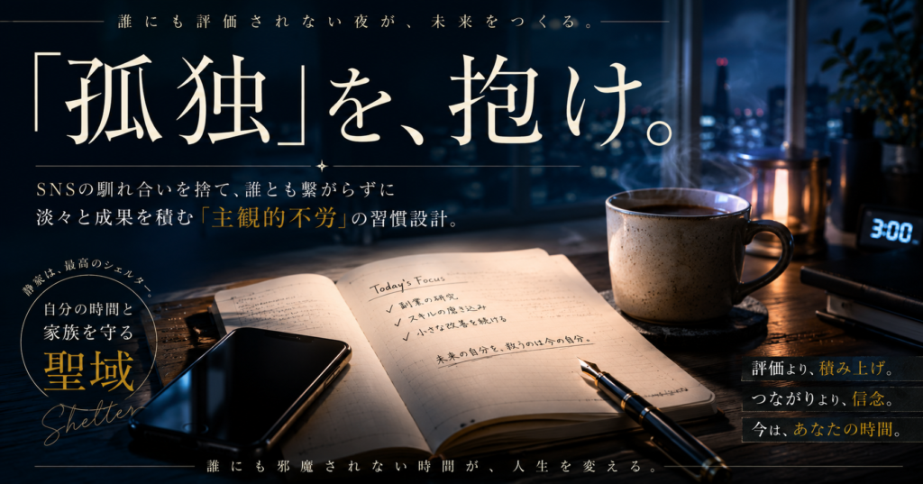 早朝の薄暗い部屋の片隅、窓の外の街明かりが微かに差し込む中、シンプルな木製デスクの上で開かれた一冊の無地のノート、細身の万年筆、そして温かい湯気が立ち上る陶器のマグカップが静かに置かれているクローズアップ写真（人物は映っていない）。