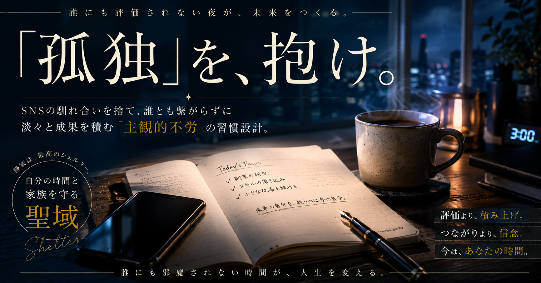 早朝の薄暗い部屋の片隅、窓の外の街明かりが微かに差し込む中、シンプルな木製デスクの上で開かれた一冊の無地のノート、細身の万年筆、そして温かい湯気が立ち上る陶器のマグカップが静かに置かれているクローズアップ写真（人物は映っていない）。