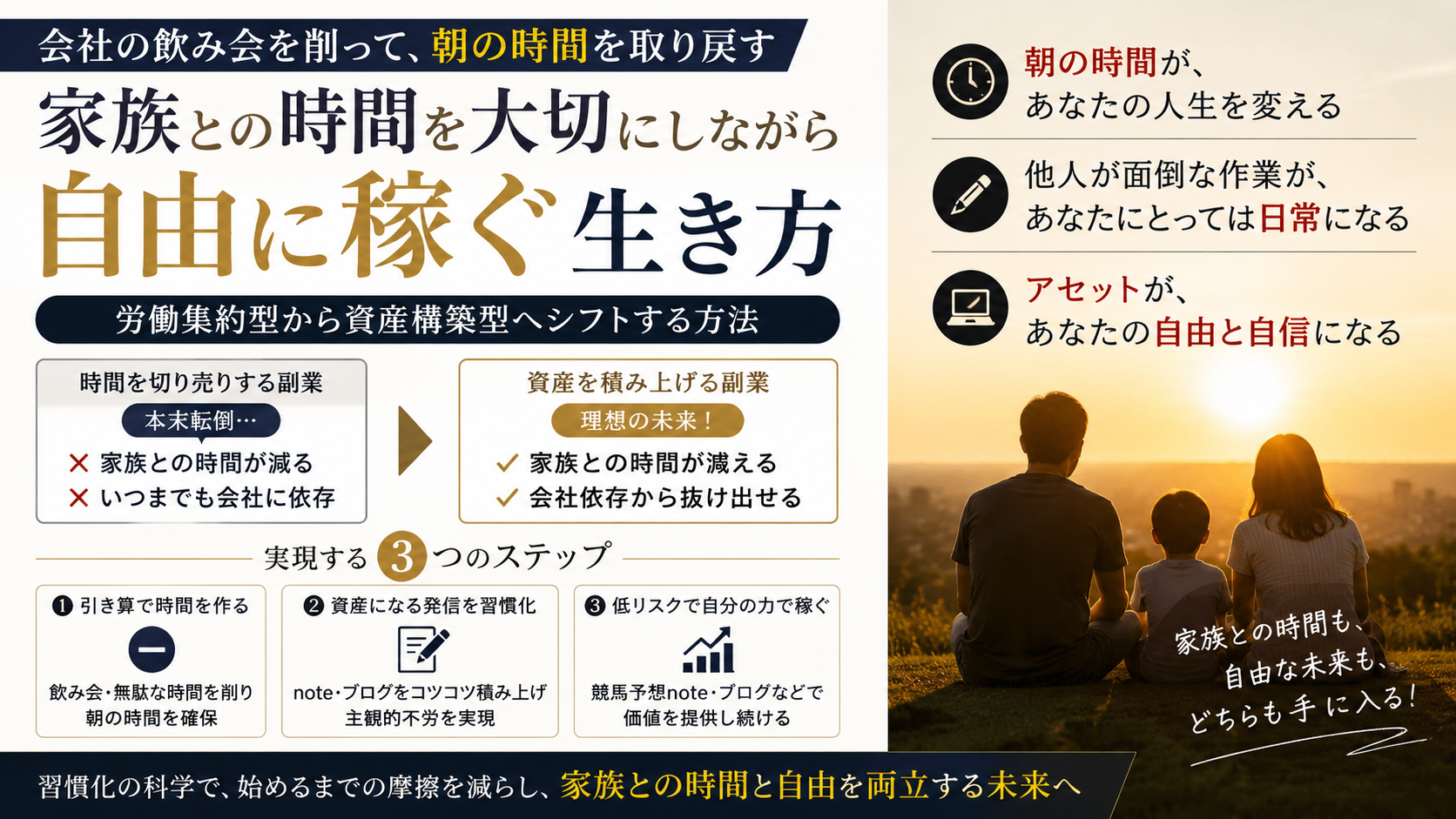 朝の柔らかな光が差し込むリビングのテーブルで、家族の気配を感じながらノートパソコンを開いて作業する穏やかな風景