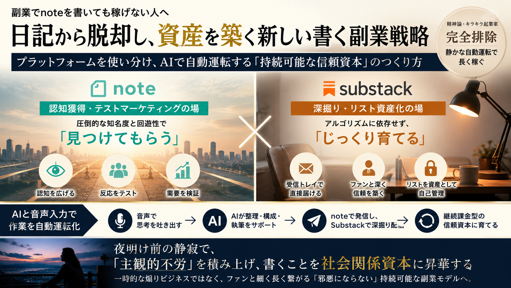 Substackとnoteを並べたモニター、その横に置かれた手書きのノートとコーヒーカップ。朝の光が差し込むミニマルな書斎