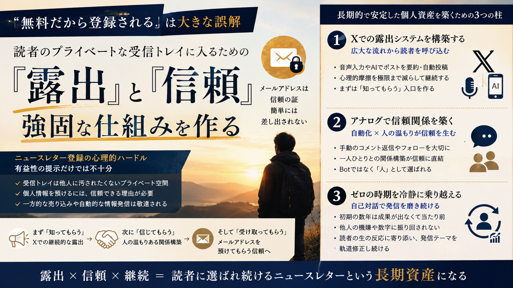 Substack無料購読者を増やすための露出と信頼 of 設計図。モニターに映るSubstack管理画面と、音声入力中のスマートフォン、コーヒーのある早朝の書斎