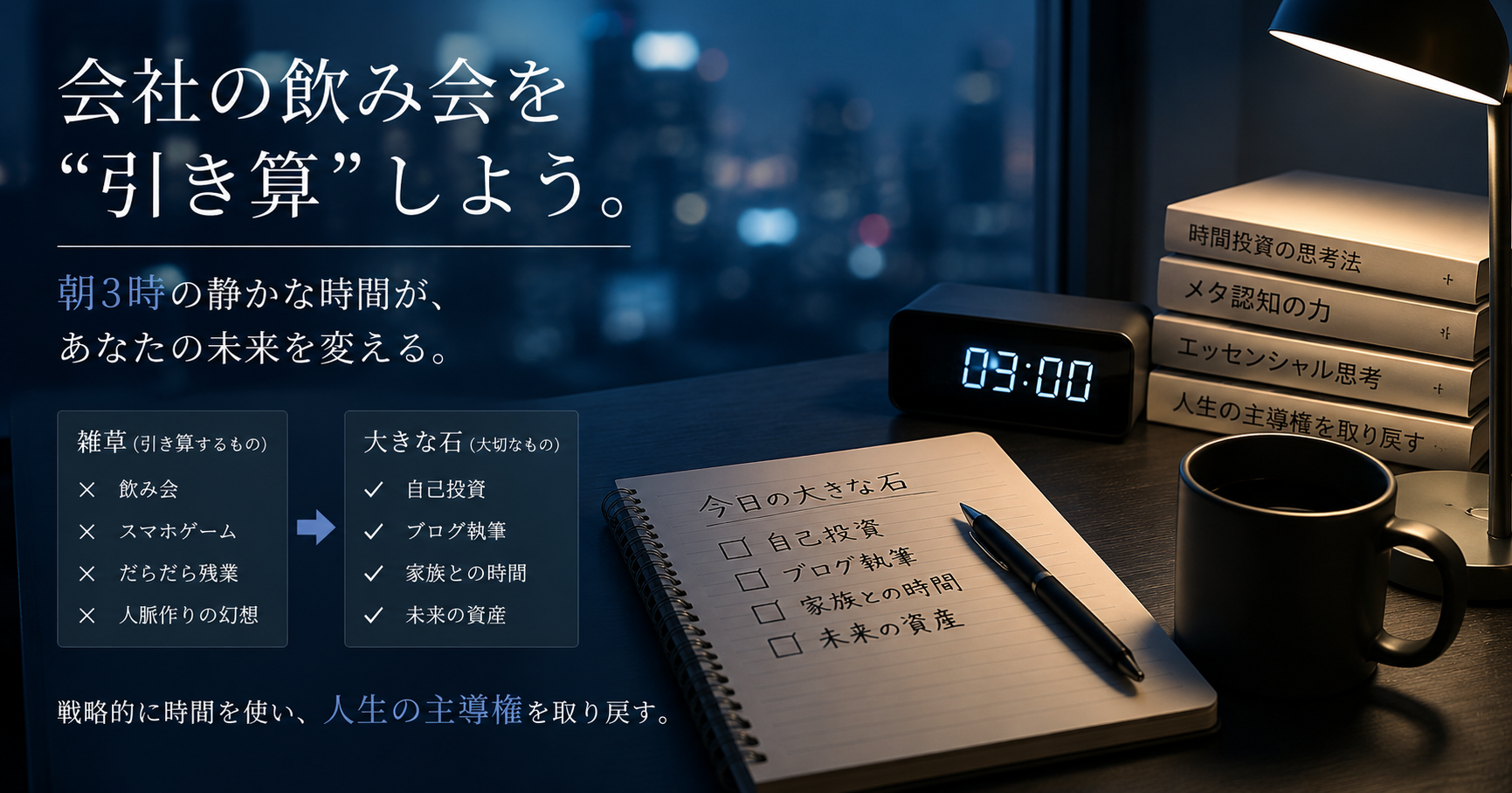 朝3時のブルーモーメントの静寂の中、暖かなマグカップと開かれたノートが置かれた書斎のデスク