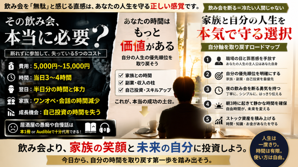 会社の飲み会が無駄である理由と自分の時間・家族を守る思考法を示す画像