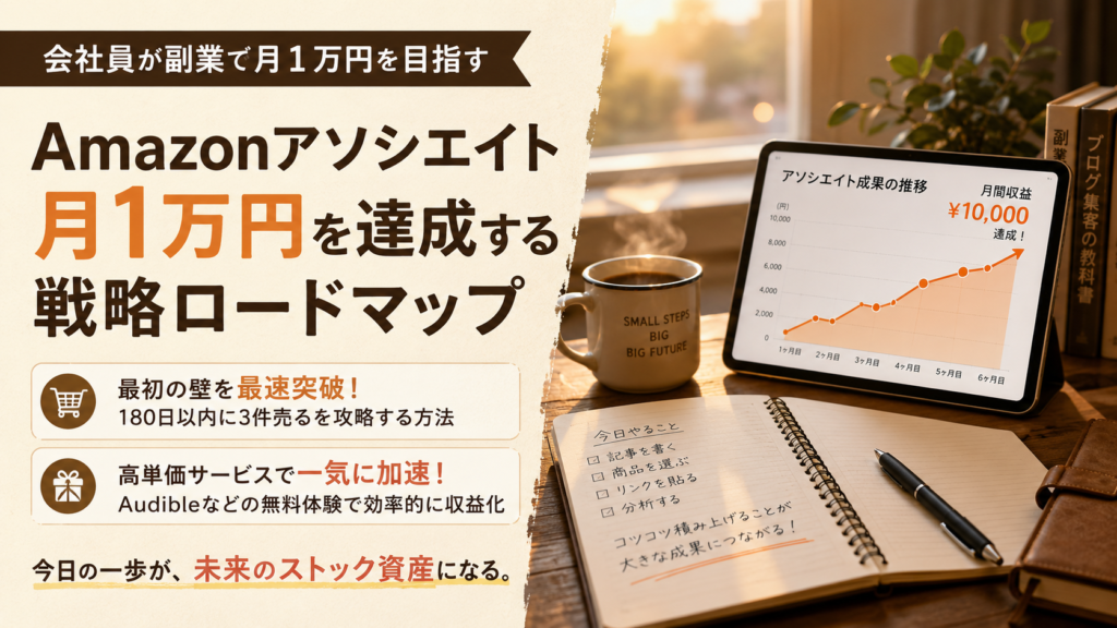 書斎のデスクの上に置かれた本とノート、そしてタブレット画面に映るAmazonアソシエイトの成果グラフ。温かいコーヒーがそばにある早朝の風景