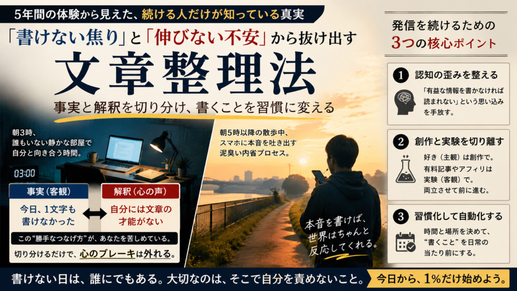 朝の静かな書斎のデスク。開かれたシンプルなノートに万年筆で書き込まれる文字。ノートの横には消灯したスマートフォンと、かすかに湯気が立つ陶器のマグカップが置かれている。