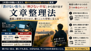 朝の静かな書斎のデスク。開かれたシンプルなノートに万年筆で書き込まれる文字。ノートの横には消灯したスマートフォンと、かすかに湯気が立つ陶器のマグカップが置かれている。