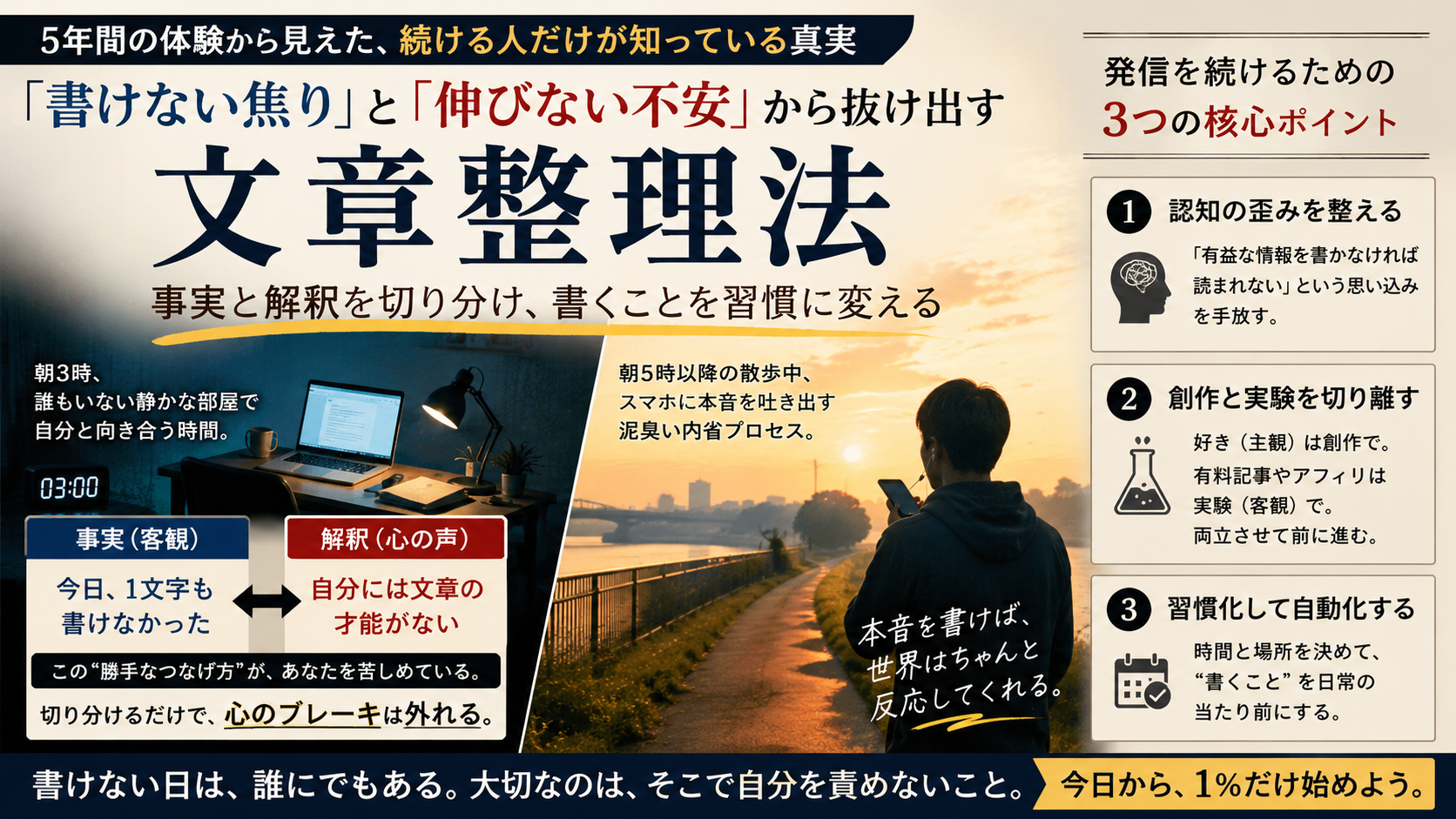 朝の静かな書斎のデスク。開かれたシンプルなノートに万年筆で書き込まれる文字。ノートの横には消灯したスマートフォンと、かすかに湯気が立つ陶器のマグカップが置かれている。