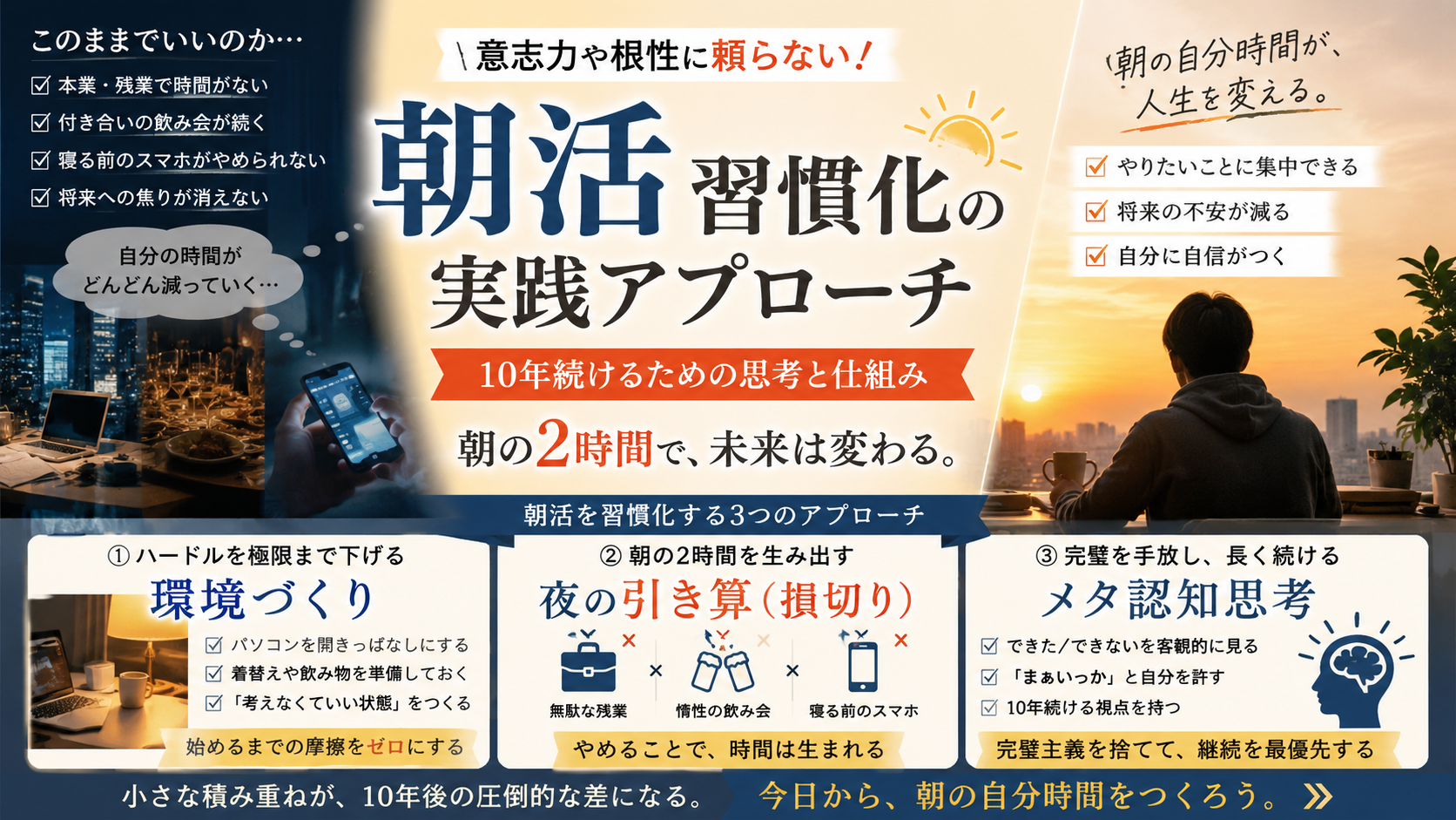 静かな朝の光が差し込むシンプルな書斎で、整然と置かれたノートと温かいマグカップが置かれている写真