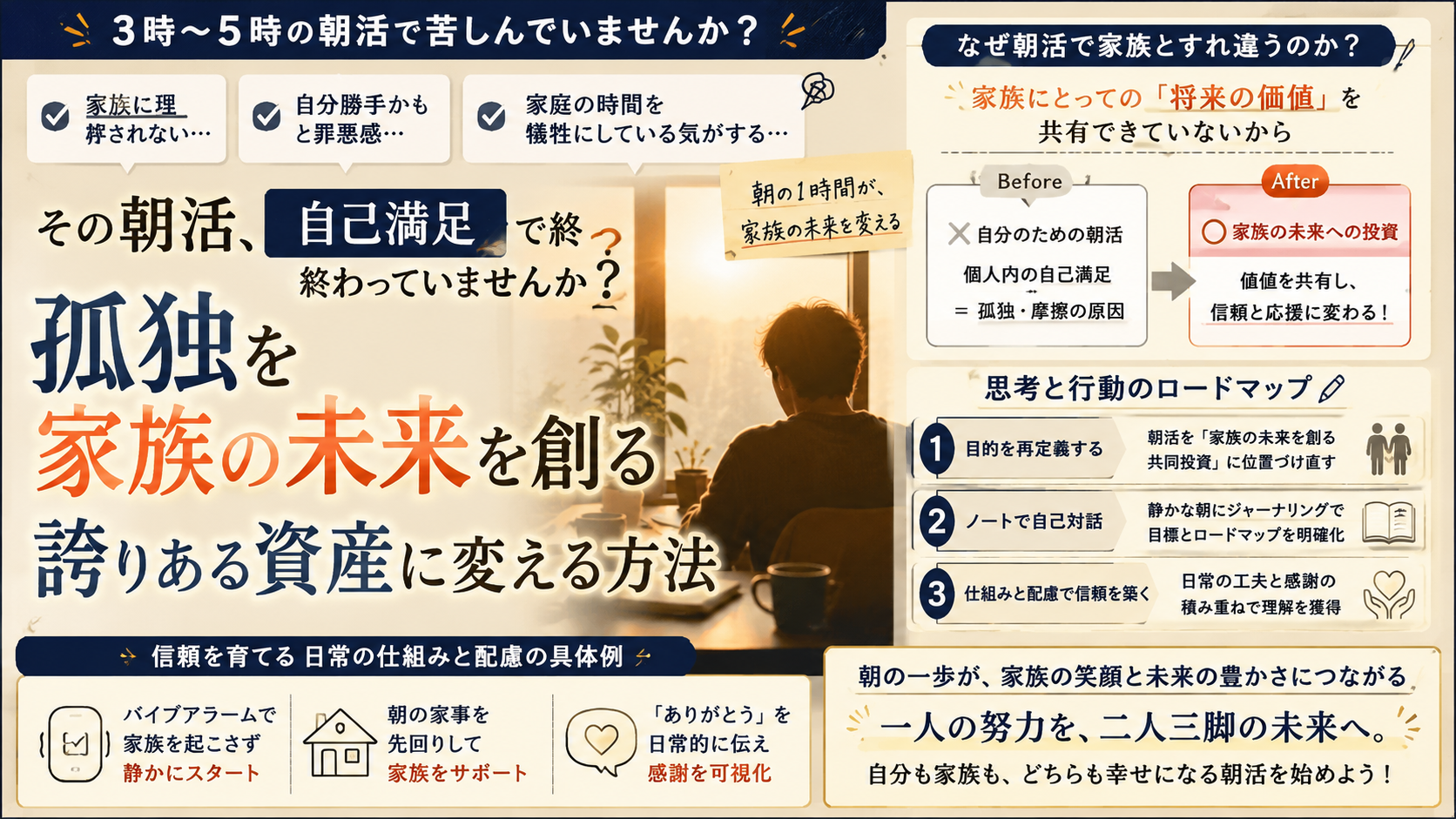 朝活で家族の理解が得られず悩む会社員とノートを使った自己対話を表すアイキャッチ画像