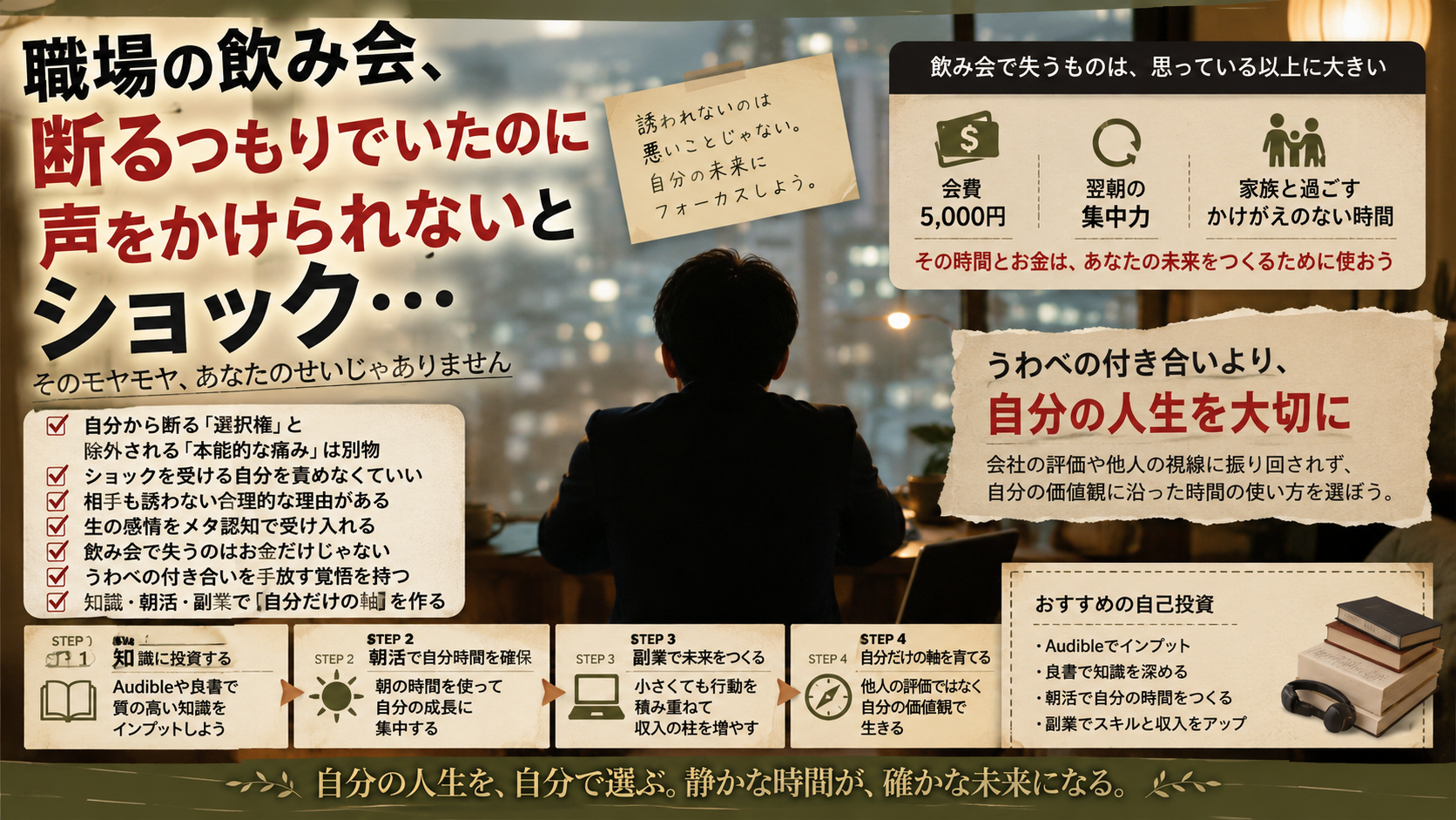 職場の飲み会に誘われずショックを受けつつも自分軸と優先順位を見つめ直す会社員のアイキャッチ画像