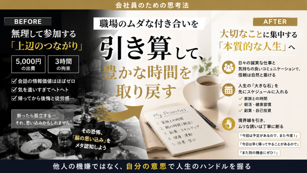 会社飲み会やつながりの必要性に悩む会社員が時間の引き算思考で自分時間を取り戻すアイキャッチ画像