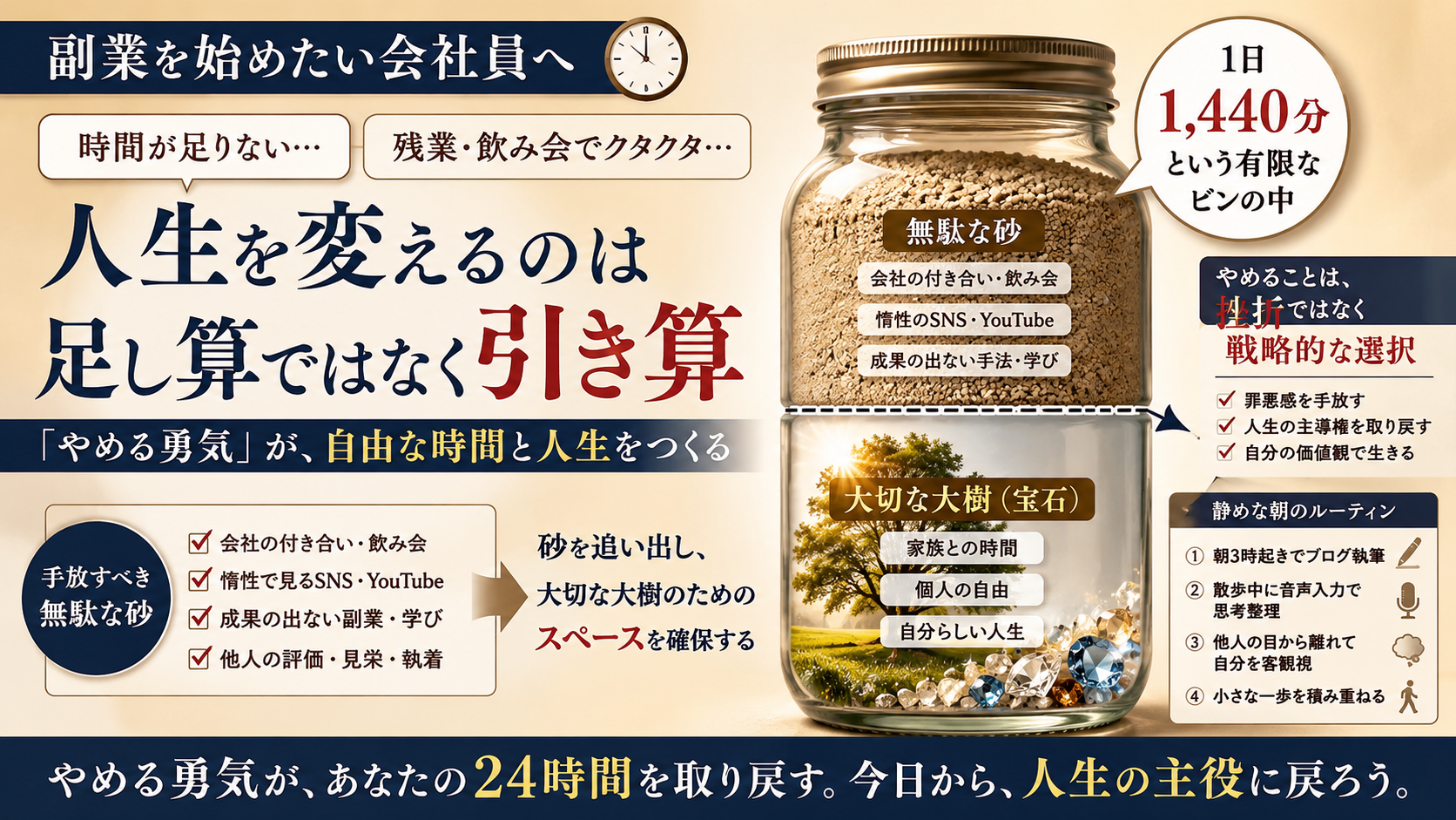 副業で成果を出すためのやめる勇気と時間の引き算思考を解説したアイキャッチ画像