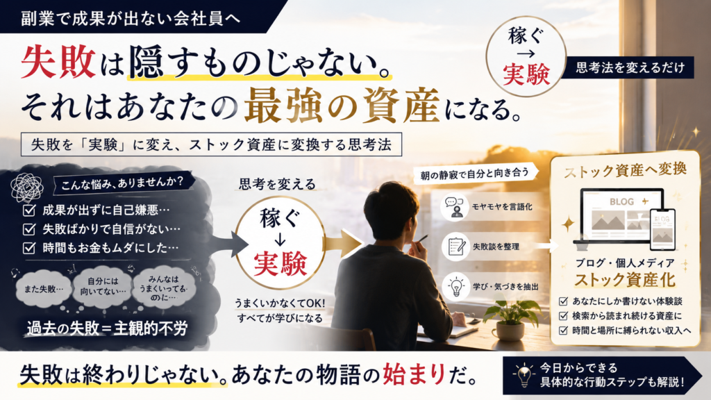 早朝の薄暗い書斎。デスクの上に開かれたシンプルなノートと、その横に静かに置かれた使い込まれた万年筆、陶器のマグカップから立ち上る微かな湯気（人物は映っていない）。