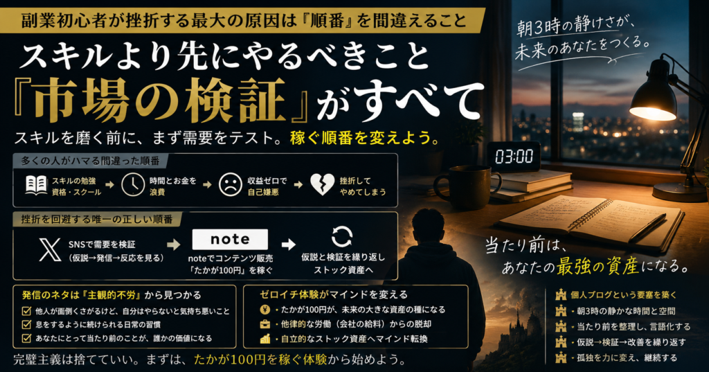 早朝のまだ暗い部屋。デスクの上に開かれたノートと、その横に置かれた温かいコーヒーカップ。スマートフォンの画面にはSNSの通知がうっすらと見えており、もう一方の手には思考を整理するためのペンが握られている。