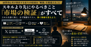 早朝のまだ暗い部屋。デスクの上に開かれたノートと、その横に置かれた温かいコーヒーカップ。スマートフォンの画面にはSNSの通知がうっすらと見えており、もう一方の手には思考を整理するためのペンが握られている。