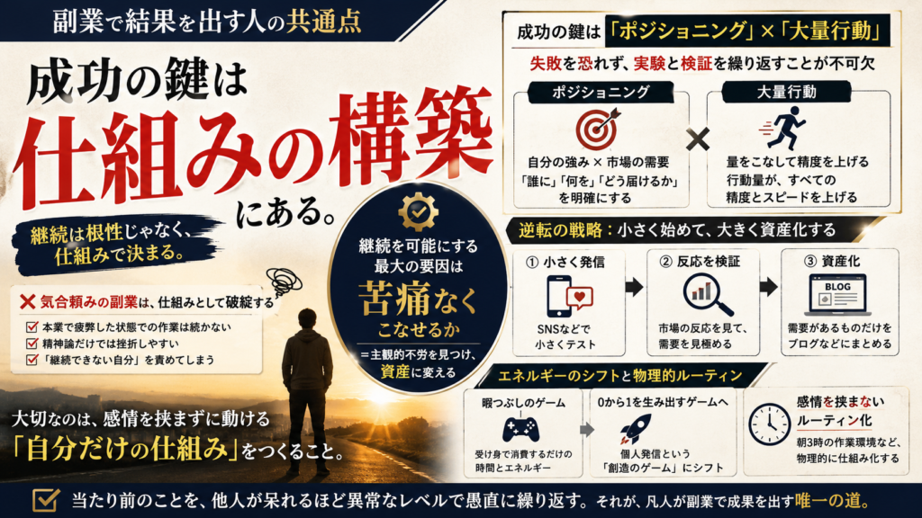 夜明け前の深い青が支配する部屋。デスクの上には温かいコーヒーと、手書きで思考整理された開かれたノート。そして自分の姿を鏡で見るかのように、冷静に客観視している様子を象徴する静謐な光。