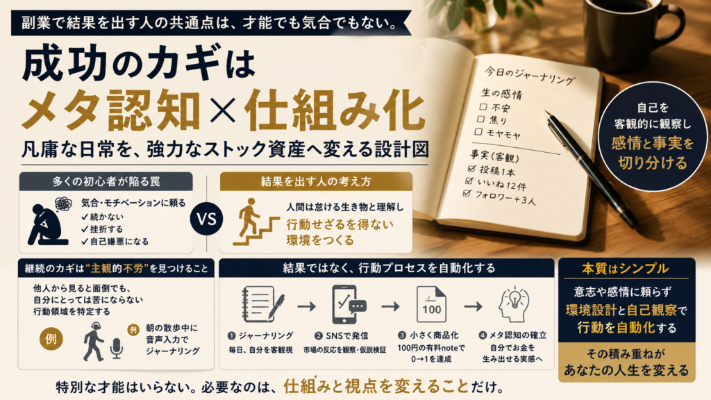 早朝の深い青が支配する部屋（ブルーモーメント）。デスクの上には温かいコーヒーと、手書きで思考整理された開かれたノート。そして自分の姿を鏡で見るかのように、冷静にメタ認知している様子を象徴する静謐な光。