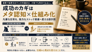 早朝の深い青が支配する部屋（ブルーモーメント）。デスクの上には温かいコーヒーと、手書きで思考整理された開かれたノート。そして自分の姿を鏡で見るかのように、冷静にメタ認知している様子を象徴する静謐な光。