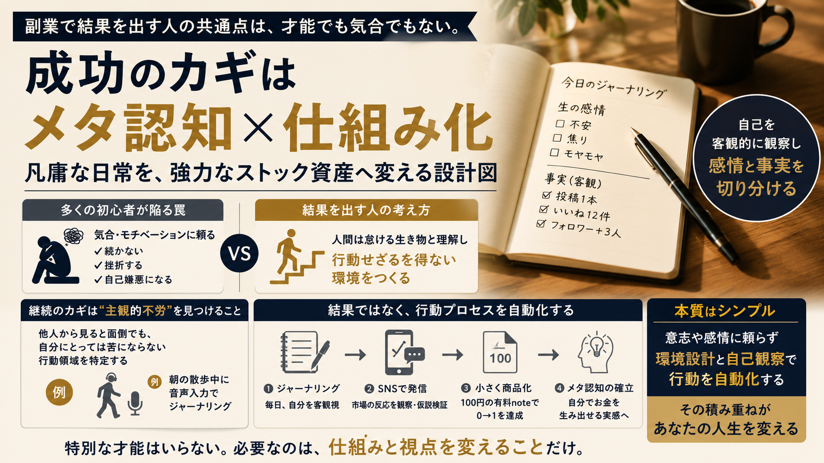 早朝の深い青が支配する部屋（ブルーモーメント）。デスクの上には温かいコーヒーと、手書きで思考整理された開かれたノート。そして自分の姿を鏡で見るかのように、冷静にメタ認知している様子を象徴する静謐な光。