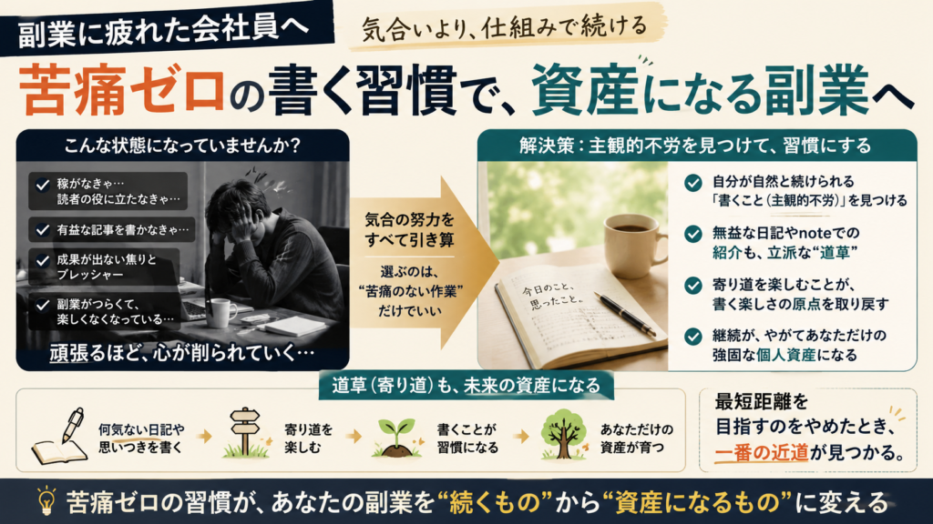 穏やかな朝の光が差し込む部屋の窓辺。デスクの上には、開かれたシンプルなノートと温かいコーヒー。遠くの空には薄っすらとした青とオレンジ色のグラデーションが広がり、焦りから解放された静かな時間が流れている。