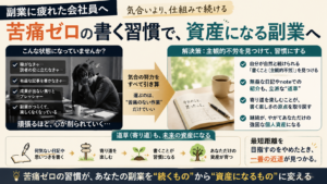 穏やかな朝の光が差し込む部屋の窓辺。デスクの上には、開かれたシンプルなノートと温かいコーヒー。遠くの空には薄っすらとした青とオレンジ色のグラデーションが広がり、焦りから解放された静かな時間が流れている。