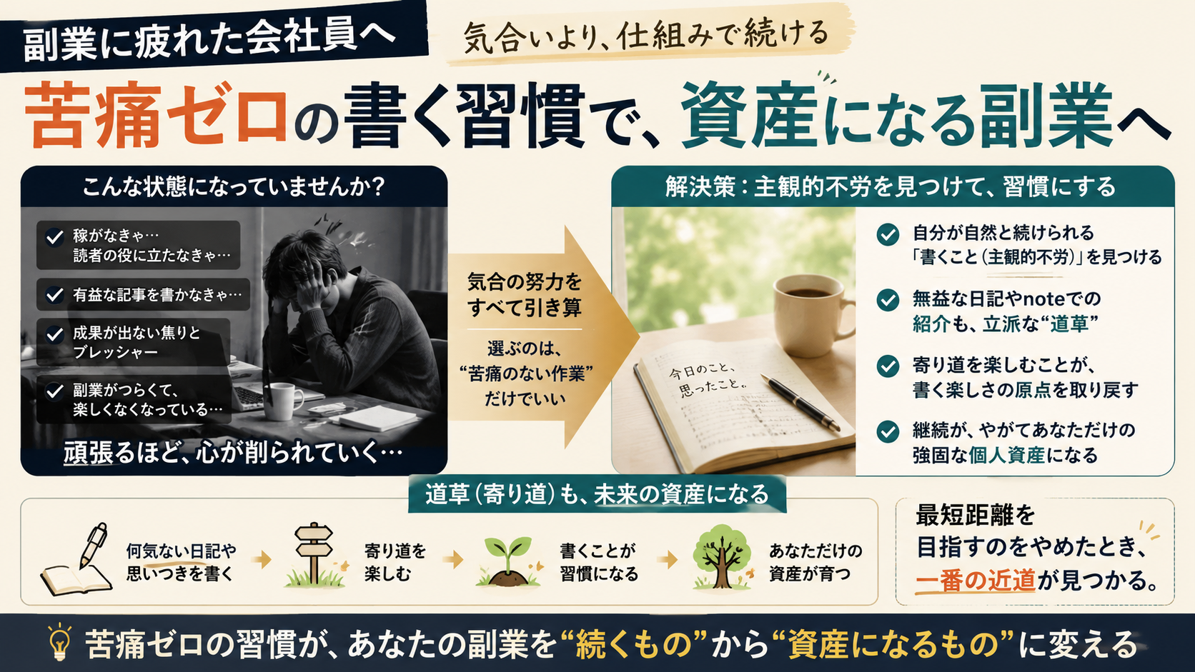穏やかな朝の光が差し込む部屋の窓辺。デスクの上には、開かれたシンプルなノートと温かいコーヒー。遠くの空には薄っすらとした青とオレンジ色のグラデーションが広がり、焦りから解放された静かな時間が流れている。