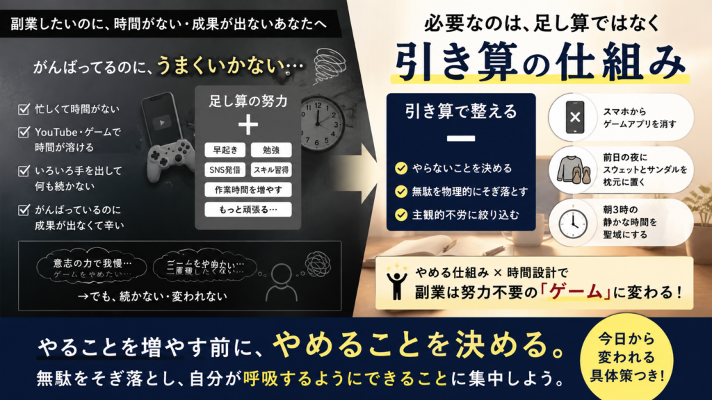 夜明け前の深く澄んだ青い光が差し込むシンプルな書斎。木製のデスクの上には、画面が消灯したスマートフォン、数行の手書きメモが残された開かれたシンプルなノート、そしてうっすらと湯気が立つ陶器のマグカップがミニマルに配置されている。静寂と高い集中力が漂うエモーショナルな構図。