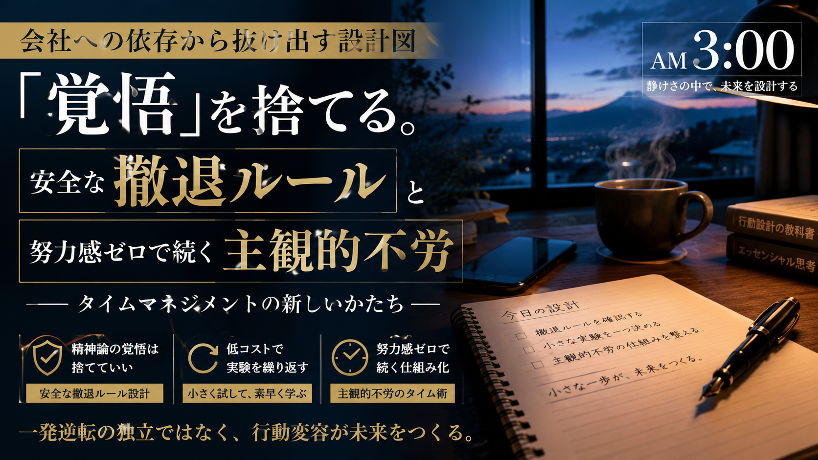 夜明け前の静かな青い光が差し込む部屋で、整頓された木製デスクの上に置かれたノートと万年筆、コーヒーカップ。