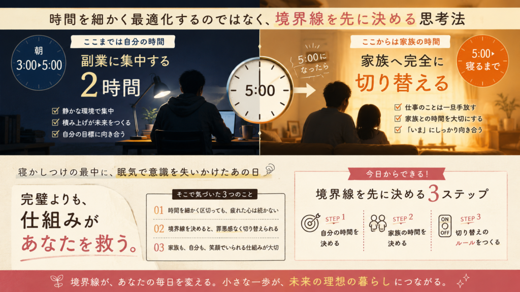 朝3時から5時までを自分の時間、5時以降を家族の時間と区切ることで副業と家族の幸せを両立させる境界線の思考法を表した図解