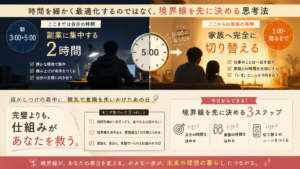 朝3時から5時までを自分の時間、5時以降を家族の時間と区切ることで副業と家族の幸せを両立させる境界線の思考法を表した図解