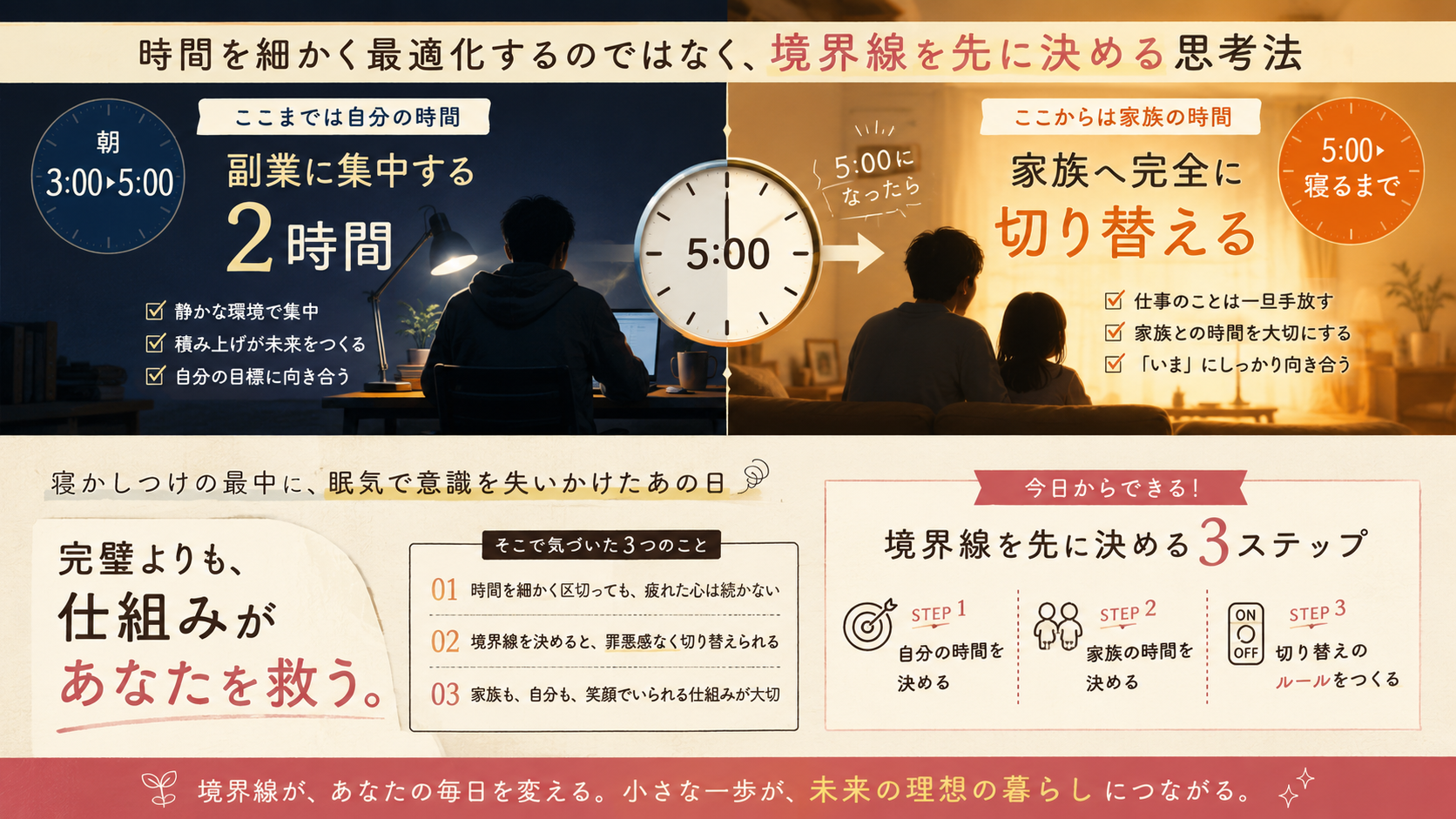 朝3時から5時までを自分の時間、5時以降を家族の時間と区切ることで副業と家族の幸せを両立させる境界線の思考法を表した図解