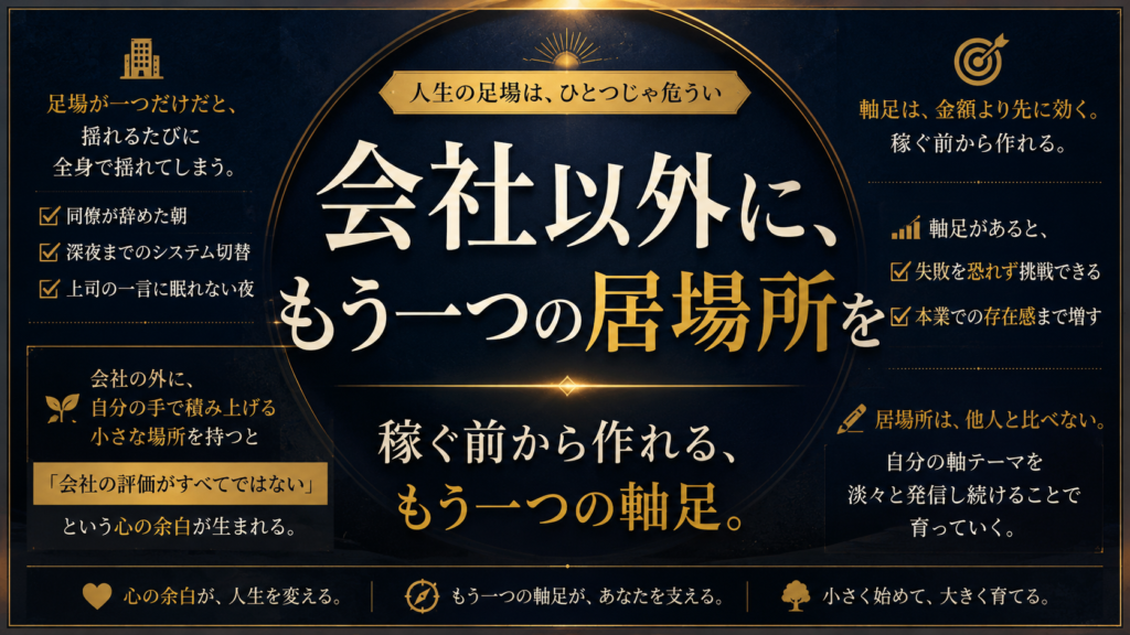 会社という一つの足場だけに立つのではなく、副業というもう一つの軸足を持つことで心の余裕が生まれる様子を表した図解
