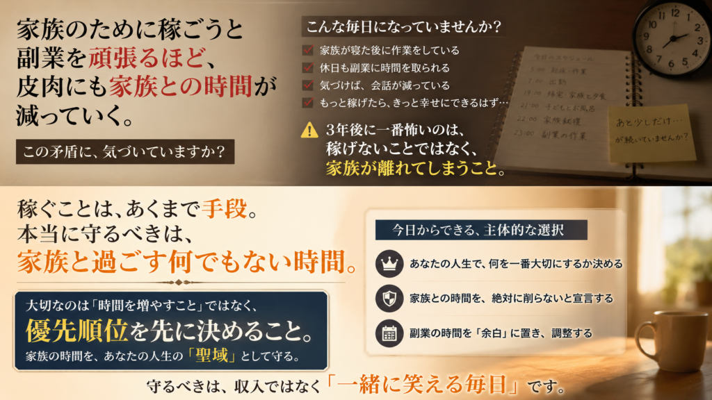 稼ぐことを手段、家族との時間を目的として優先順位を先に決めることで人生の価値を守る会社員の朝活実践法を表した図解