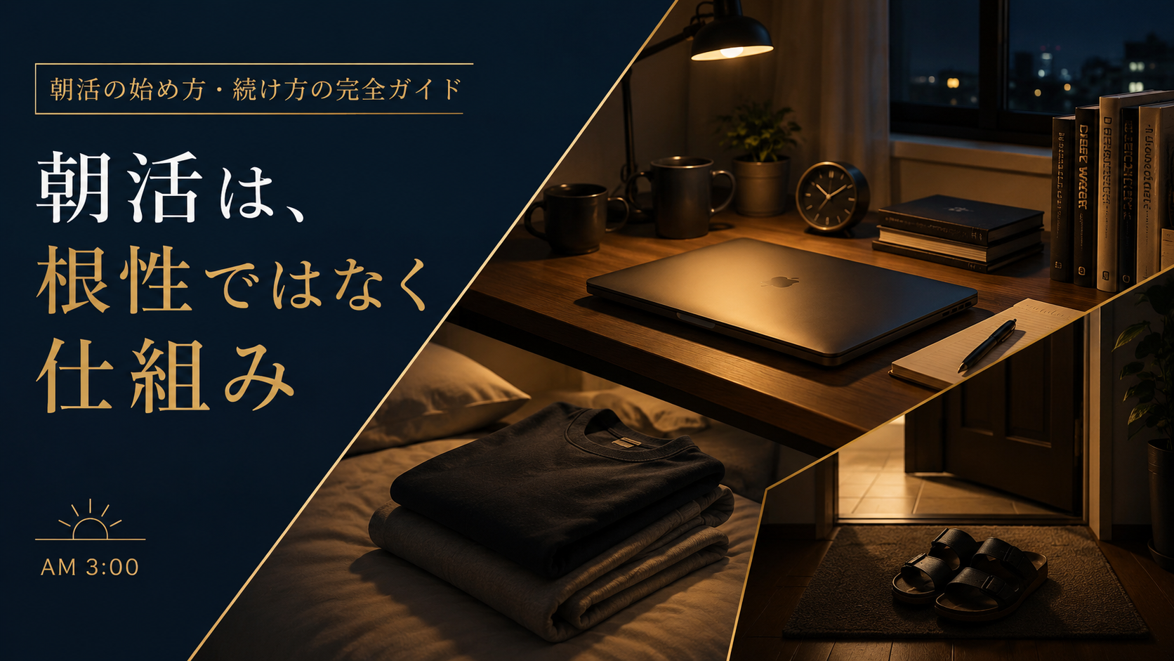 朝活を始めたい会社員が意志に頼らず夜の引き算と物理的な仕組みで朝の時間を作る始め方と続け方の手順を表した完全ガイドの図解
