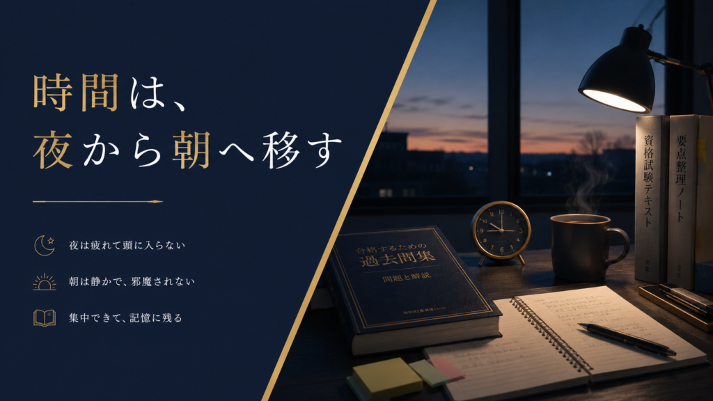 働きながら資格勉強の時間がない社会人が夜ではなく朝に勉強枠を移し意志ではなく仕組みで確保する現実的な方法を表した図解