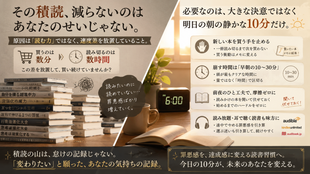買って満足して積読が増える社会人が夜ではなく朝の30分に読書枠を移し意志ではなく仕組みで未読の山を崩していく読書習慣を表した図解
