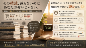 買って満足して積読が増える社会人が夜ではなく朝の30分に読書枠を移し意志ではなく仕組みで未読の山を崩していく読書習慣を表した図解