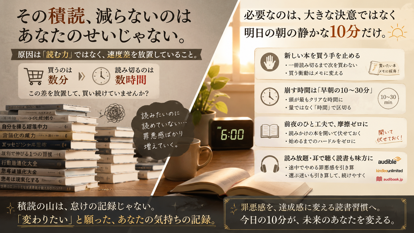 買って満足して積読が増える社会人が夜ではなく朝の30分に読書枠を移し意志ではなく仕組みで未読の山を崩していく読書習慣を表した図解