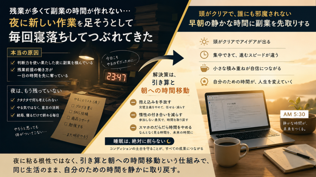 残業続きで夜に副業の時間が作れない会社員が夜に粘るのをやめ睡眠を削らず無駄を引き算して頭がクリアな早朝に副業時間を先取りする時間術を表した図解